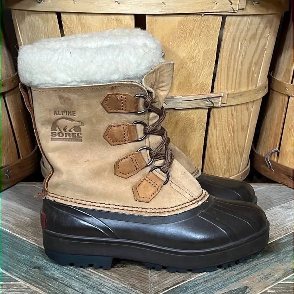 Sorel Alpine Tan Leather Faux Fur Waterproof Vintage Snow Boots Womens Size 6